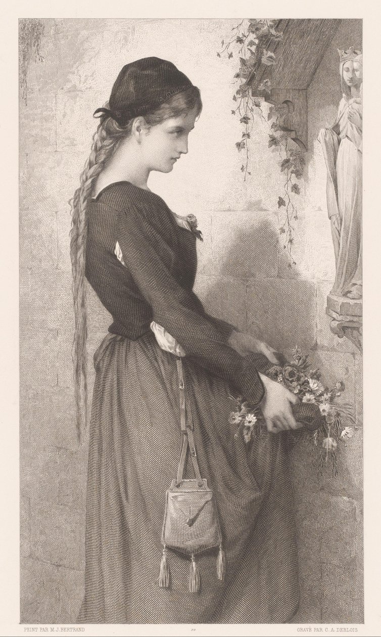 Ung kvinna tar med blommor till nisch med statyn av Maria Marguerite (titel på objekt) av Charles Alphonse Deblois