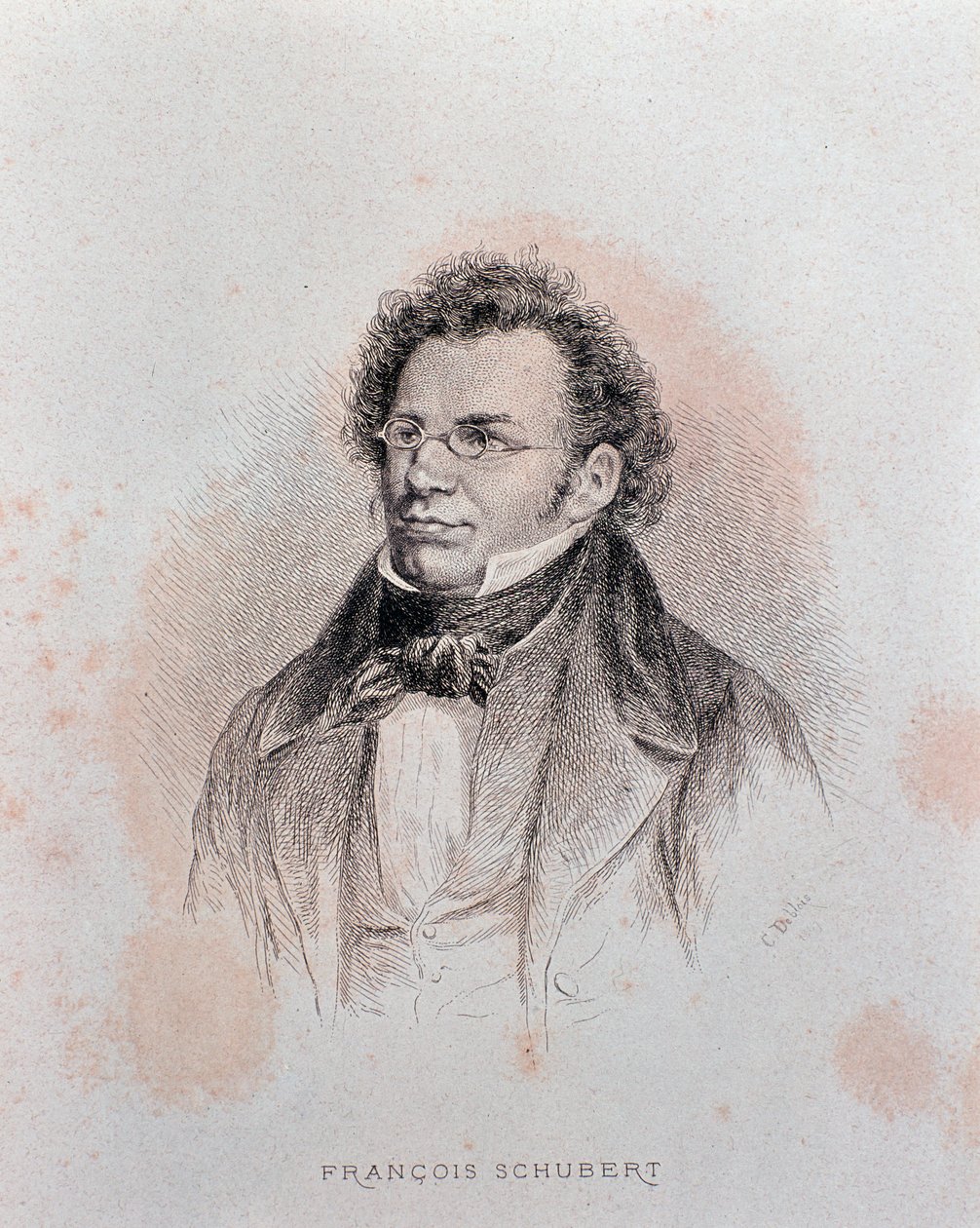 Porträtt av Franz Schubert (gravyr av Charles Alphonse Deblois