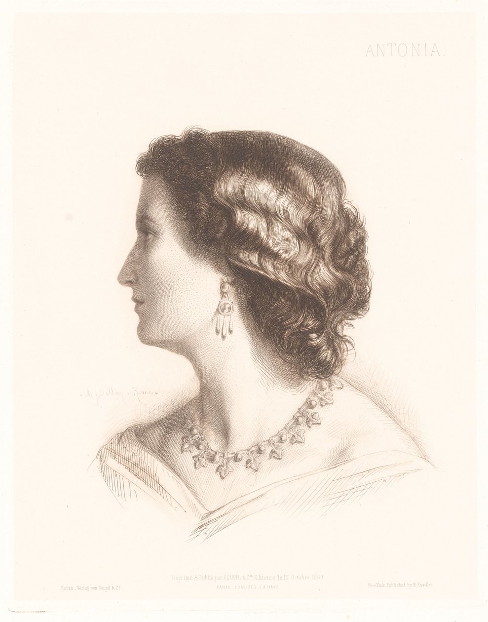 Porträtt av en italiensk kvinna Antonia. (titel på objekt) Porträtt av italienska kvinnor (serietitel) av Charles Alphonse Paul Bellay