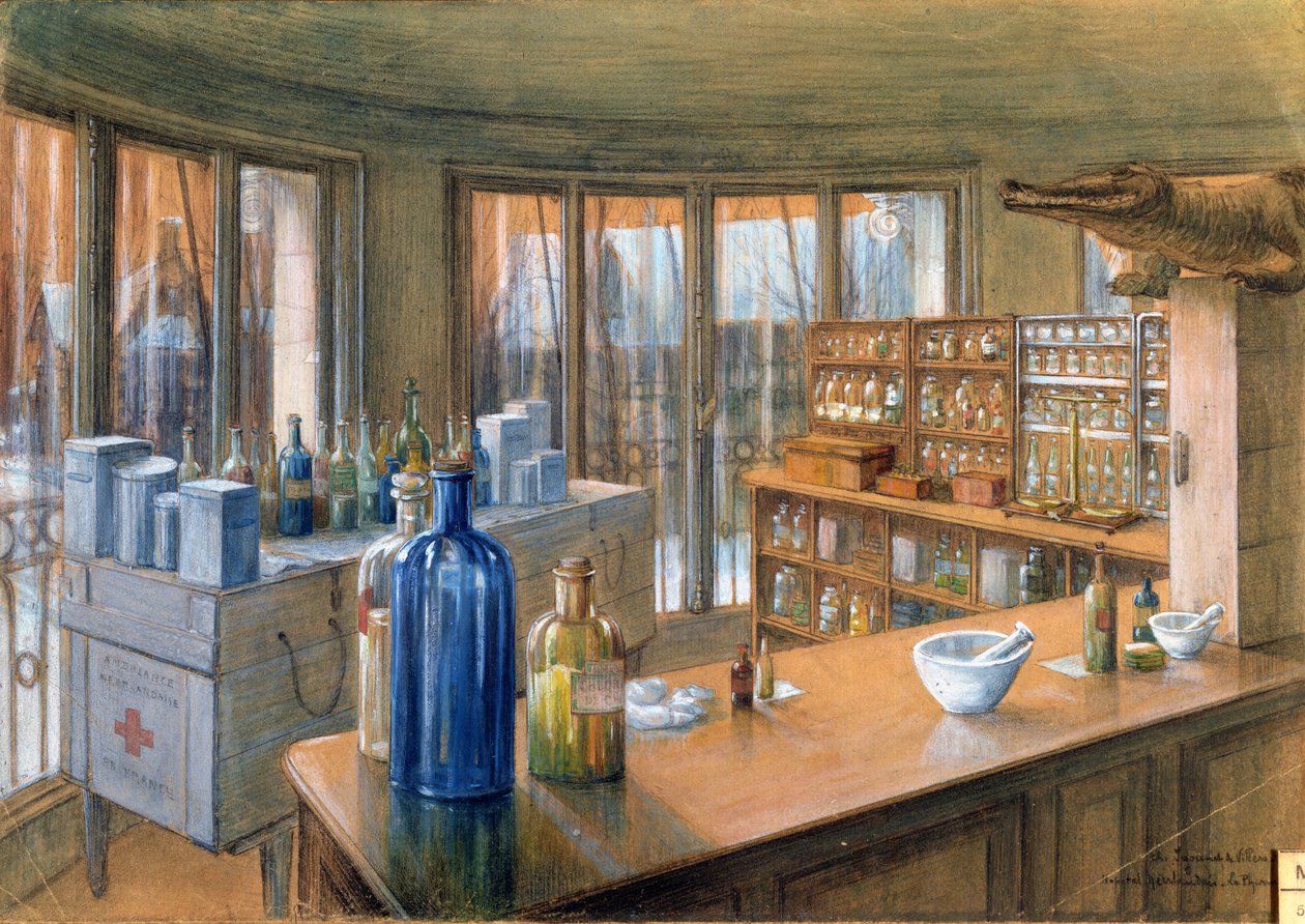 Apoteket vid det holländska militärsjukhuset i Paris, 1917 (penna och krita på papper) av Charles Andre Igounet de Villers