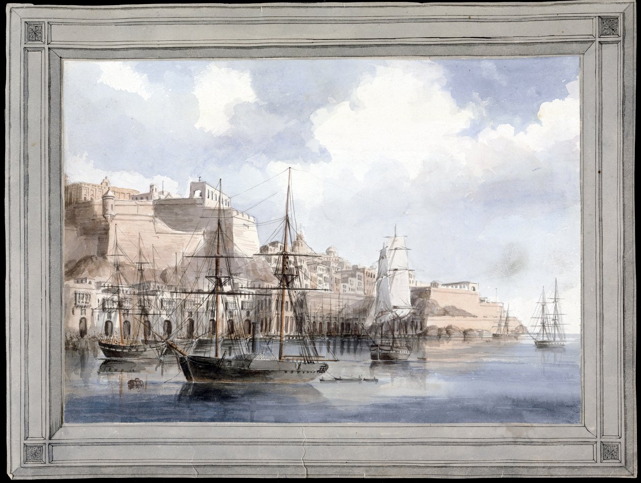 Vue de Malte (View at Malta) (den stora hamnen i Valletta med Fort Sant Angelo) - Målning av Charles Andrew Dyce (1816-1853), akvarell på papper (25,1 x 34,9 cm), cirka 1849 - Yale University (USA) av Charles Andrew Dyce
