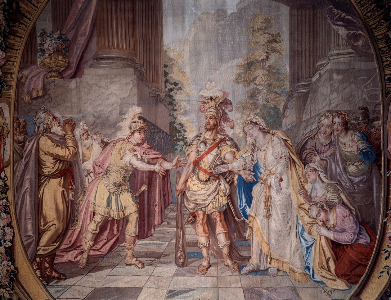 Scenografi: "Alceste" Representation av scen 4 i akt V i Philippe Quinaults (1635-1688) opera till musik av Jean Baptiste Lully (Giovanni Battista Lulli) (1632-1687). Detalj av en gobeläng av Charles Antoine Coypel (1694-1752) 1764 tillverkad i Mi av Charles Antoine (after) Coypel