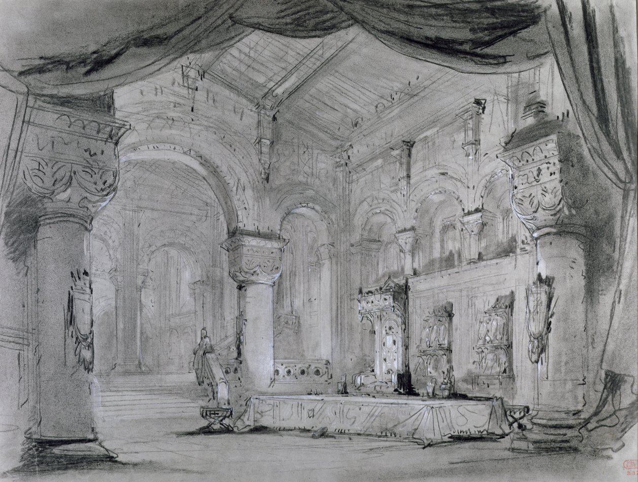 Scenografi av palatsinteriören för en föreställning av operan "Macbeth" av Giuseppe Verdi (1813-1901) på Theatre Lyrique, Chatelet, 1865 (kol och vit krita på papper) av Charles Antoine Cambon