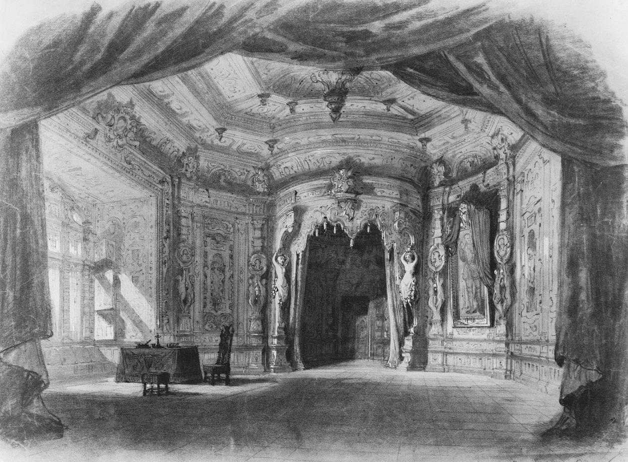Scen för Don Giovanni, opera av Wolfgang Amadeus Mozart (1756-91) (wc på papper) av Charles Antoine Cambon