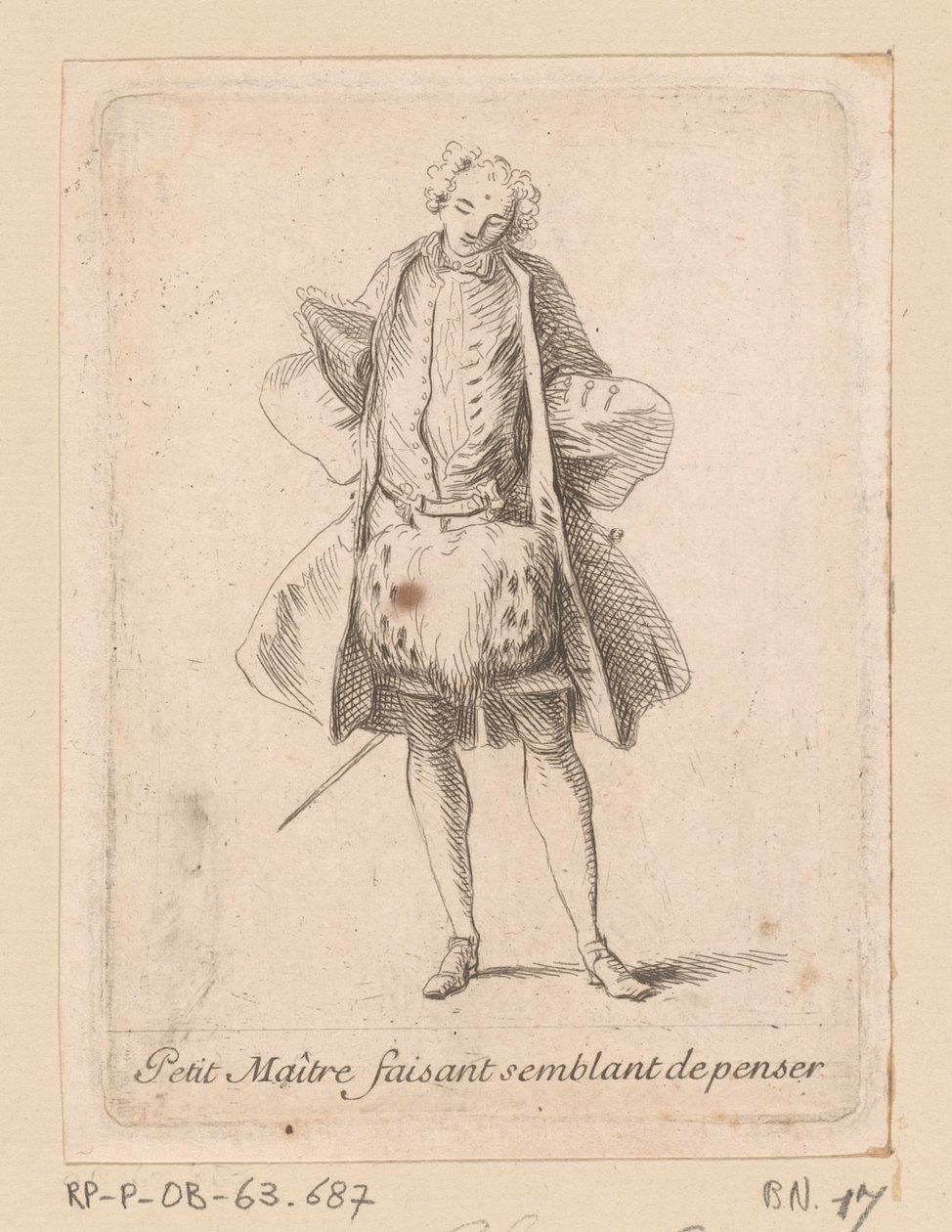 Stående adelsman sedd framifrån Petit Maître faisant semblant de penser (titel på objekt) Figures de modes (serietitel) av Charles Antoine Coypel