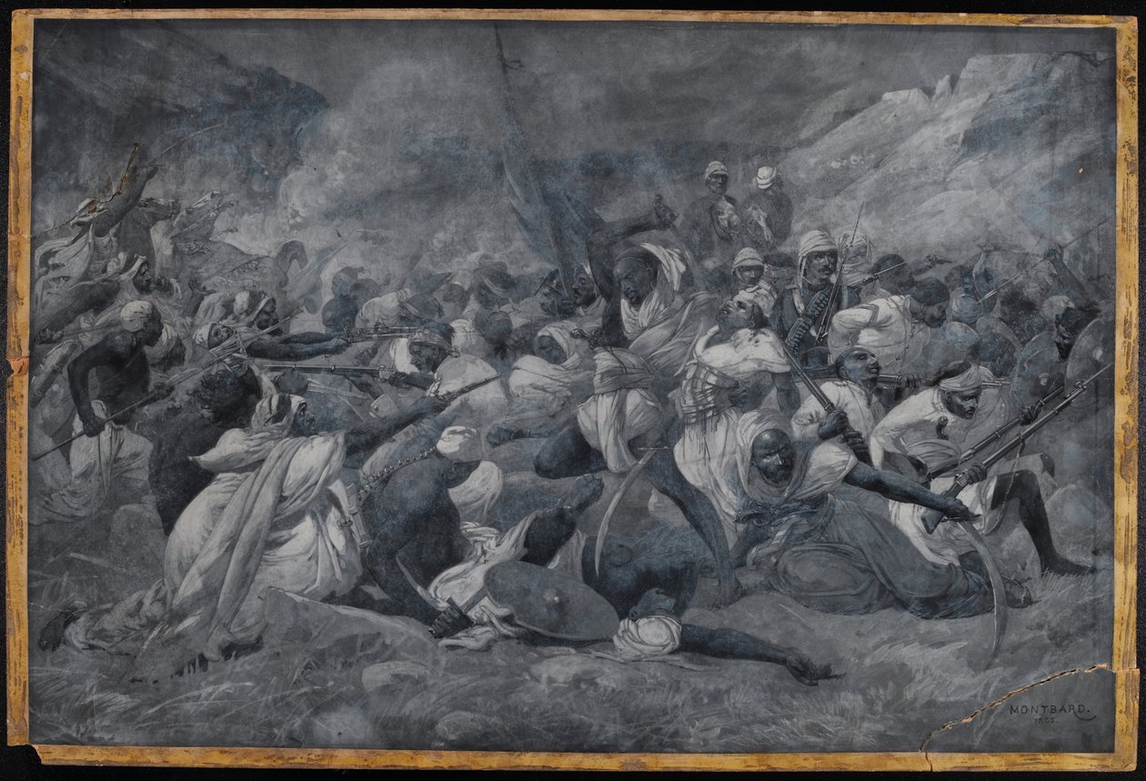 "Den egyptiska arméns nederlag under Hicks Pasha av Mahdi Muhummad Ahmads styrkor vid El Obeid", 5 november 1883 (akvarell en grisaille) av Charles Auguste Loye