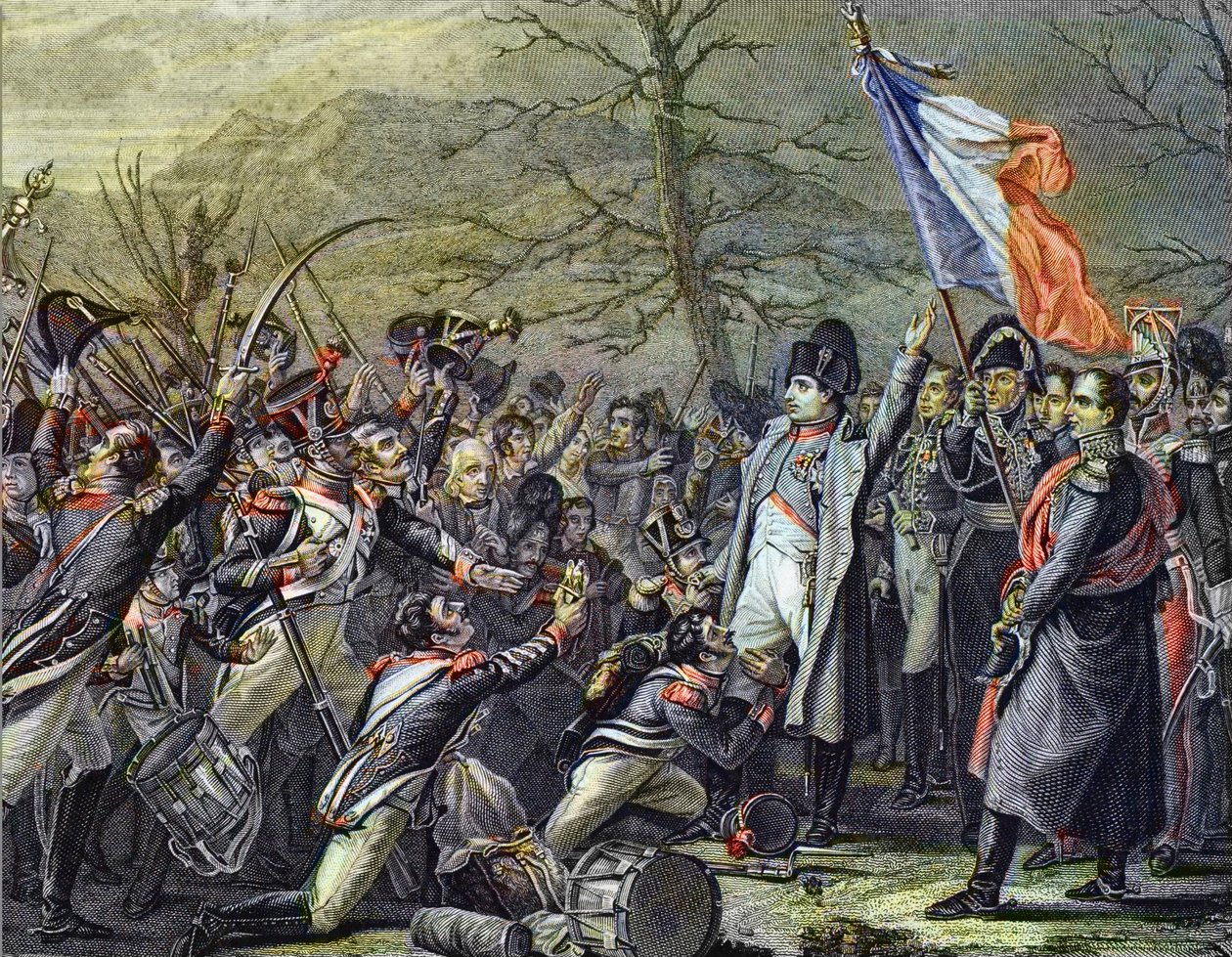 Napoleon återvänder från Elba - gravyr efter Steuben - "" Napoleon I:s återkomst från Elba Island, debarque till Cannes den 1 mars 1815"" av Charles Auguste (after) Steuben