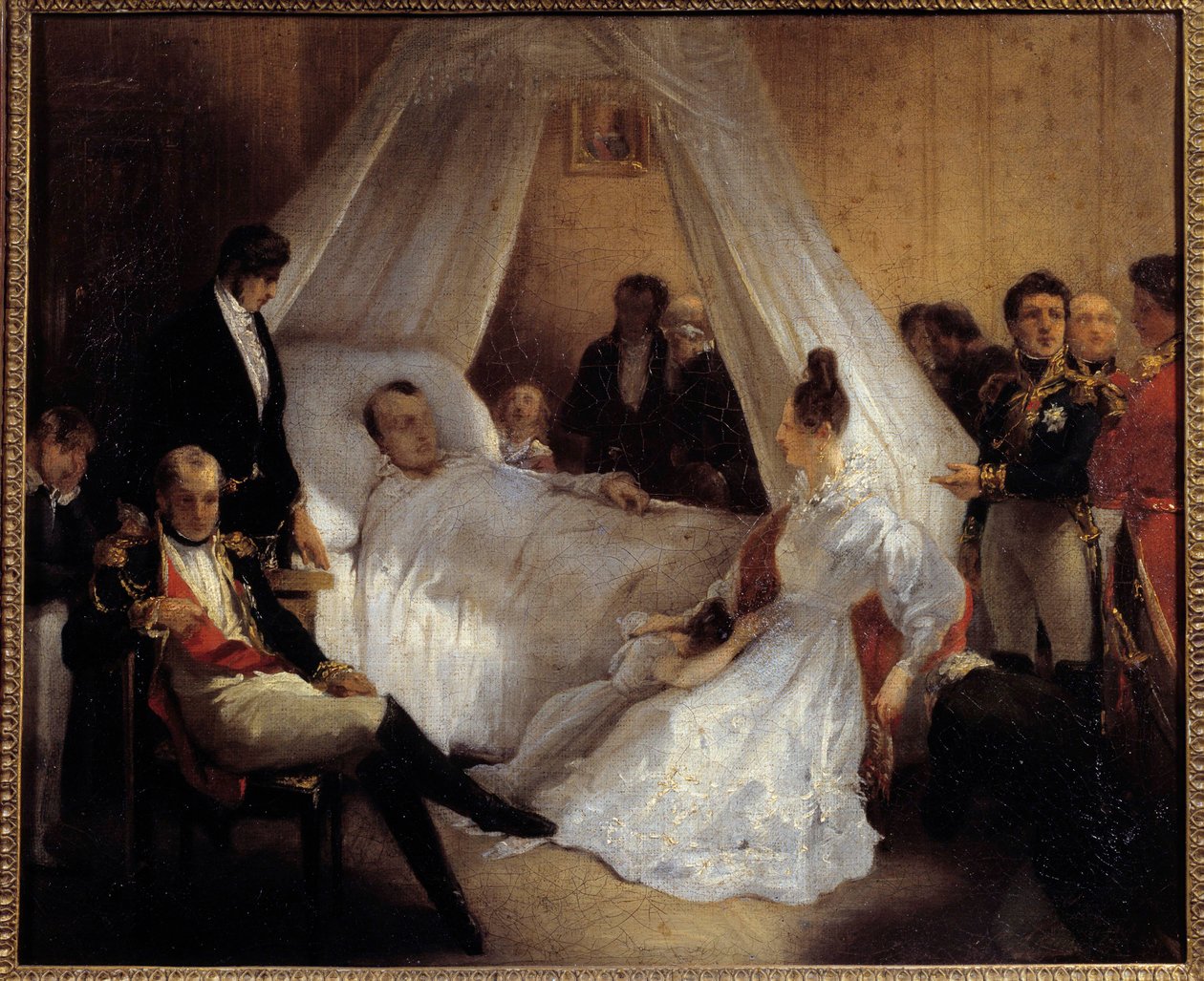 Kejsar Napoleon I (1769-1821) på sin dödsbädd 1821-05-05 på ön Saint Helene Målning av Charles Augustus Steuben (1788-1856) 1821 Sön. 0,37x0,45 m Ile d
