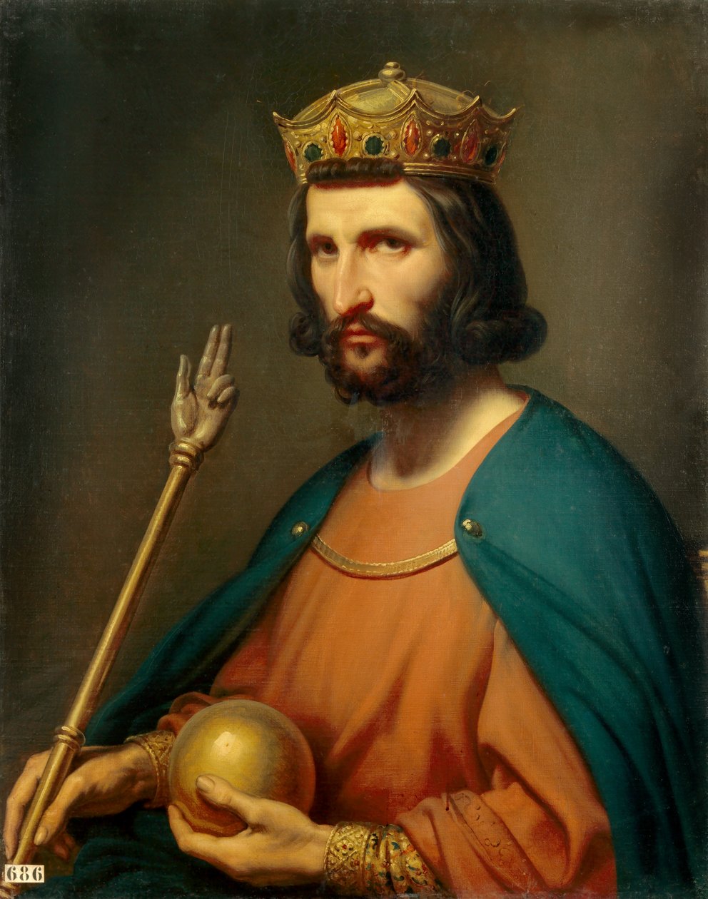 Porträtt av Hugues Capet (941-996) kung av Frankrike 987. Han håller i handen en jordglob och en spira, maktsymboler. Målning av Charles de Steuben (1788-1856) 1800-talet sön. 0,91x0,74 m. - Porträtt av Hugues Capet (941-996), kung av Frankrike 987. Han ho av Charles Auguste Steuben