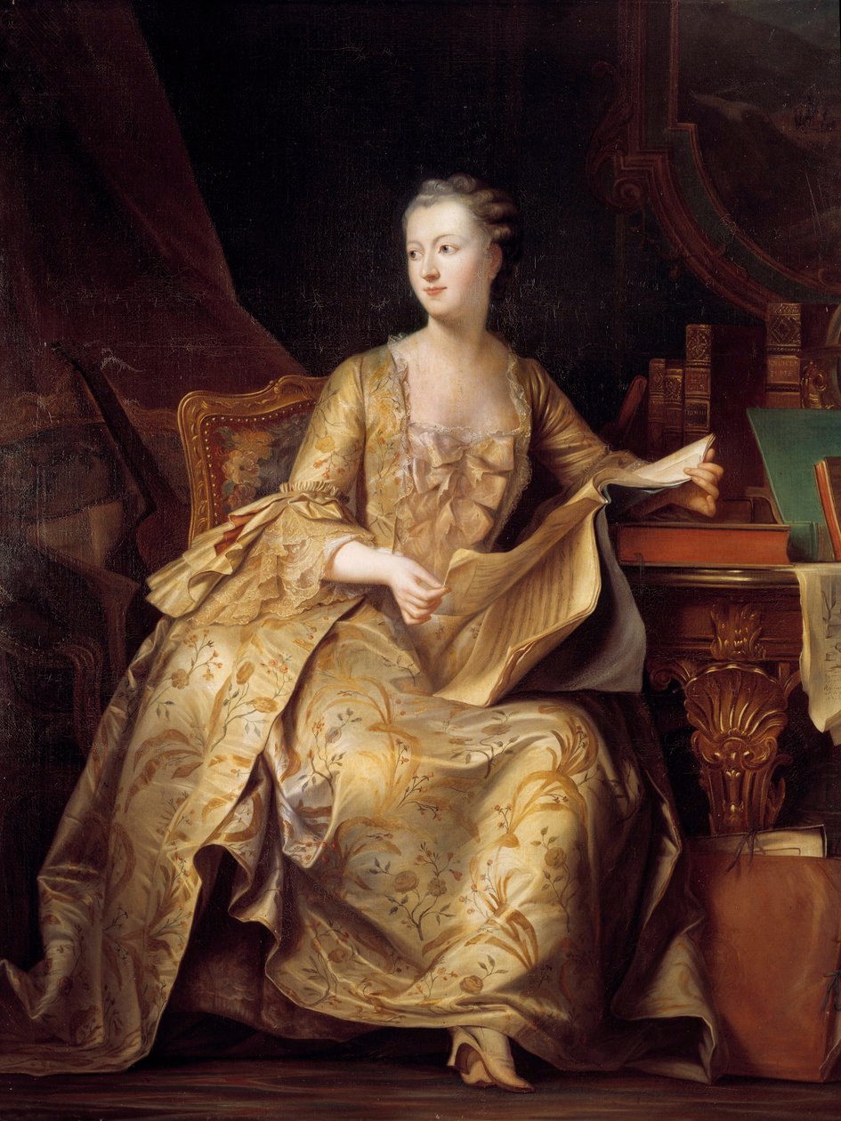 Porträtt av Jeanne Antoinette Poisson, Madame de Pompadour (känd som Marquise of Pompadour) (1722-1764) med ett partitur, Målning av Charles Auguste Steuben (1788-1856) (ec.alle) 1800-talets sön. 1,65x1,32 m av Charles Auguste Steuben