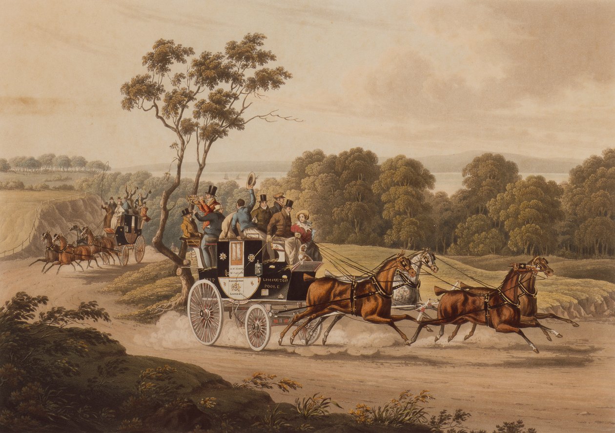 Oppositionscoaches at Speed (färgad gravyr) av Charles B. (after) Newhouse