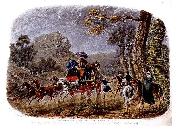 "The Disappointment, or Retreat in a Shower", graverad av R.G. Reeve (fl.1811-37) pub. av Thomas McLean av Charles B. (after) Newhouse