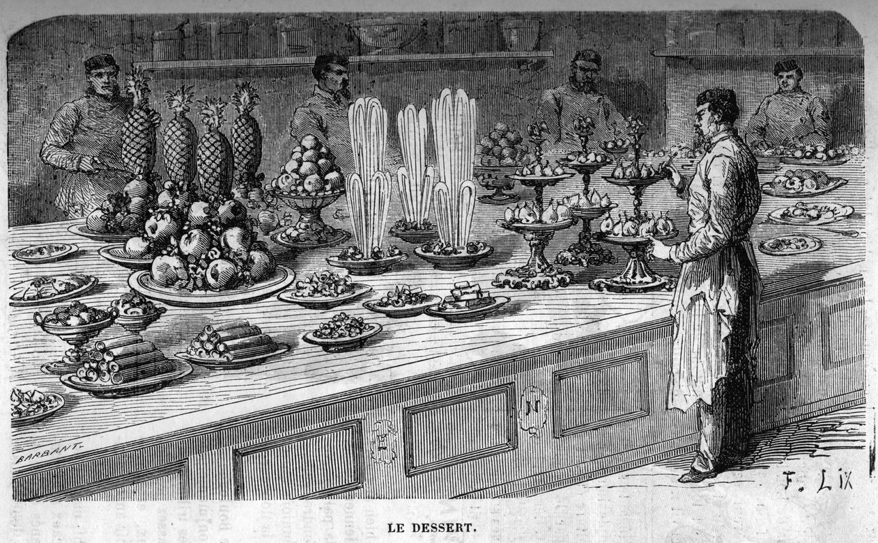 Kök från Palais des Tuileries: Tillagning av desserter under en mottagning under det andra imperiet. Gravyr av Barbant av Charles Barbant