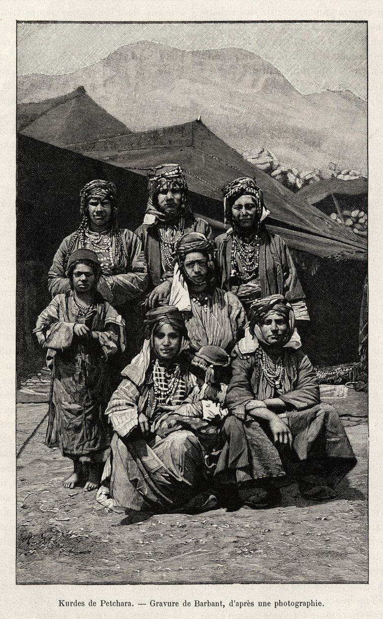 Kurderna i Petchara (Turkiet). Gravyr av Barbant för att illustrera berättelsen "Genom ryska Armenien, Karabagh, Araxdalen, Ararat-massivet" "av Madame B. Chantre, i Le tour du Monde 1892, regisserad av Edouard Charton (1807-1891), Hachette, Paris. av Charles Barbant