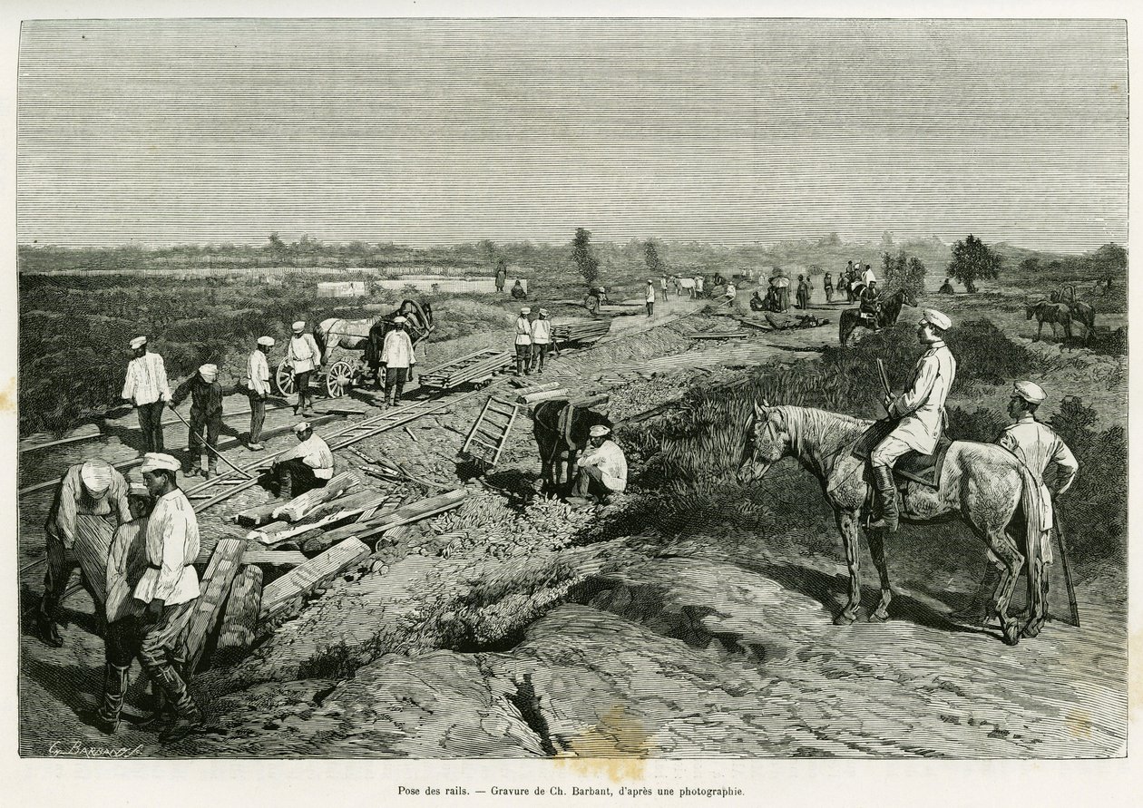 Att anlägga de transkaspiska rälsen. Gravyr av Ch. Barbant för att illustrera berättelsen Voyage a Merv, av Edgar Boulanger, i le tour du monde 1887, regisserad av Edouard Charton (1807-1890), Hachette, Paris. av Charles Barbant