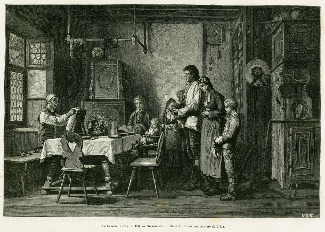 Benediciten. Barbantgravyr efter en målning av Brion, för att illustrera berättelsen A Through Alsace and Lorraine, av Charles Grad, tysk deputerad, 1884, i tour du monde 1886, regisserad av Edouard Charton (1807-1890), Hachette, Paris. av Charles Barbant