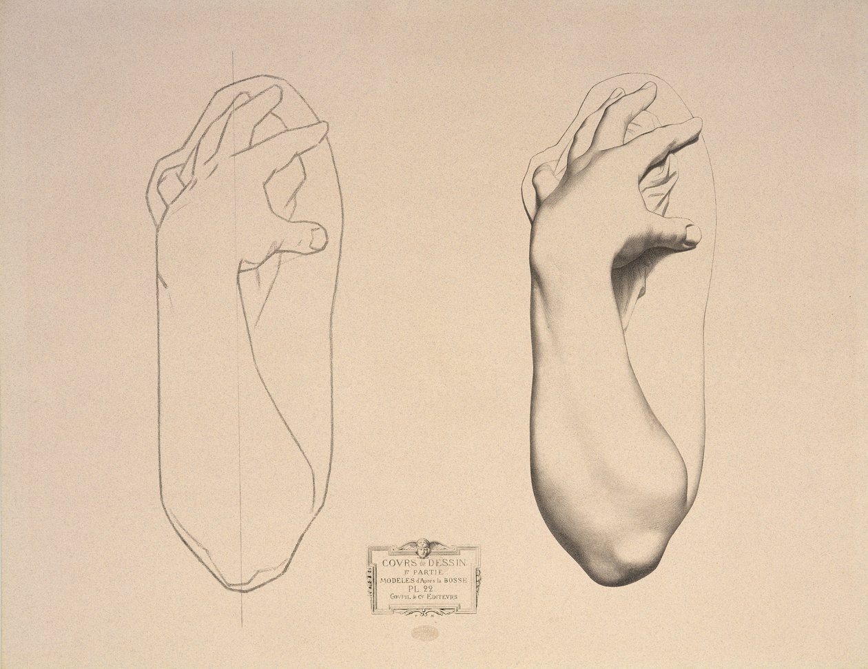 Bent Arm of a Woman, tallrik 22 från Cours de Dessin Volym I, Modeles dapres la bosse, ca 1868 av Charles Bargue