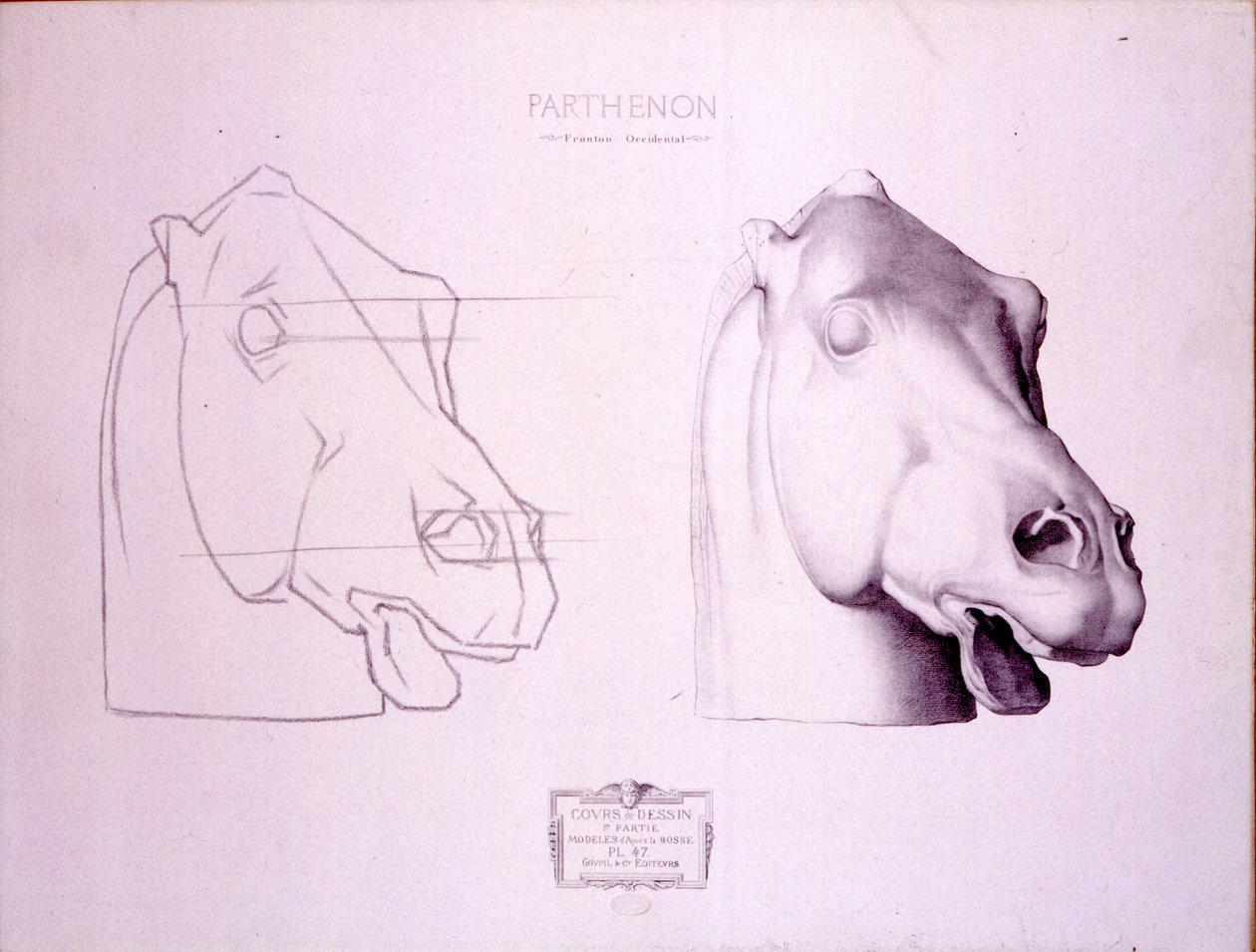 Hästhuvud från West Pediment of the Parthenon, skylt 47 från Cours de Dessin, ca 1898 av Charles Bargue