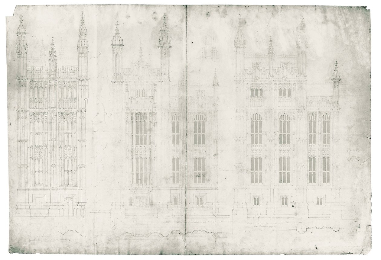 Ritning för Houses of Parliament, ca 1836-40 (penna och bläck på papper) av Charles Barry