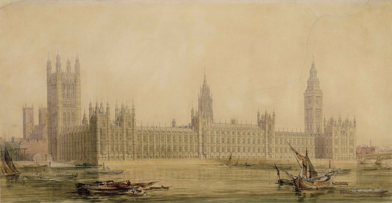 Perspektivvy av parlamentets nya hus, ca 1840-talet (wc över grafit, gouache, penna och bläck på papper) av Charles Barry