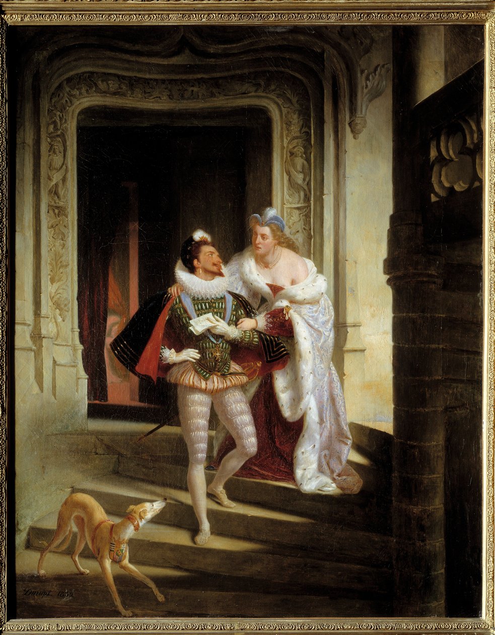 Markisin av Noirmoutiers, Charlotte de Beaune Semblancay (1551-1617) som försöker avbryta Henrik I av Lorraine, hertig av Guise kallad Balafre (1550-1588) för att gå till församlingen av delstaterna Blois innan hans mord (1588) kl. slottet B av Charles Barthelemy Durupt