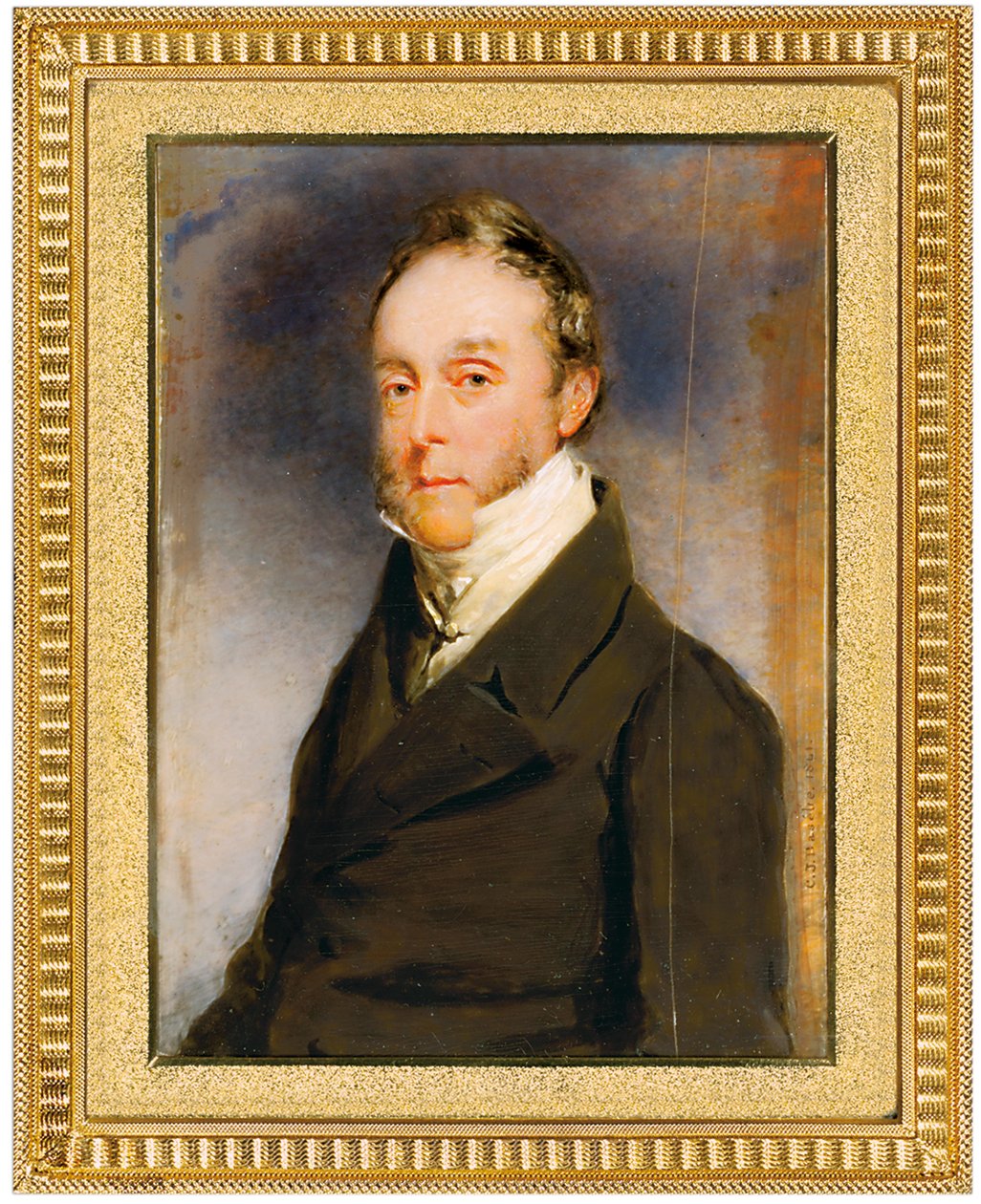 George Hay Hawkins vimpel i brun kappa, vit väst och vit skjorta med hög krage, Camden Town, London, 1864 av Charles Basebe