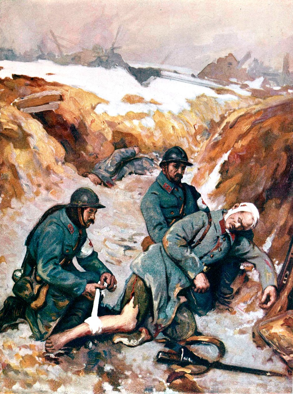 Röda korssjuksköterskor klär på en skadad soldat av Charles Baude