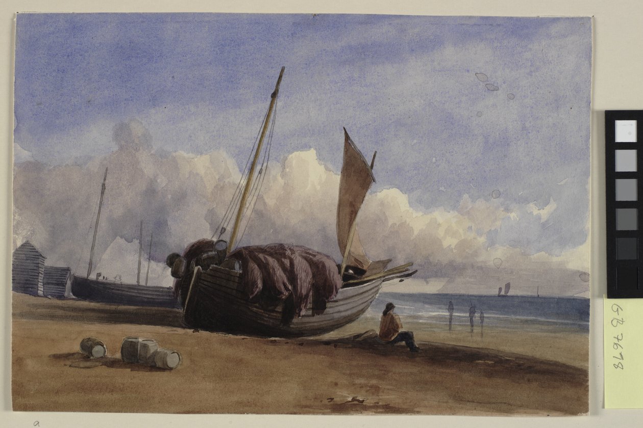 Strandad fiskebåt med sittande fiskare av Charles Bentley