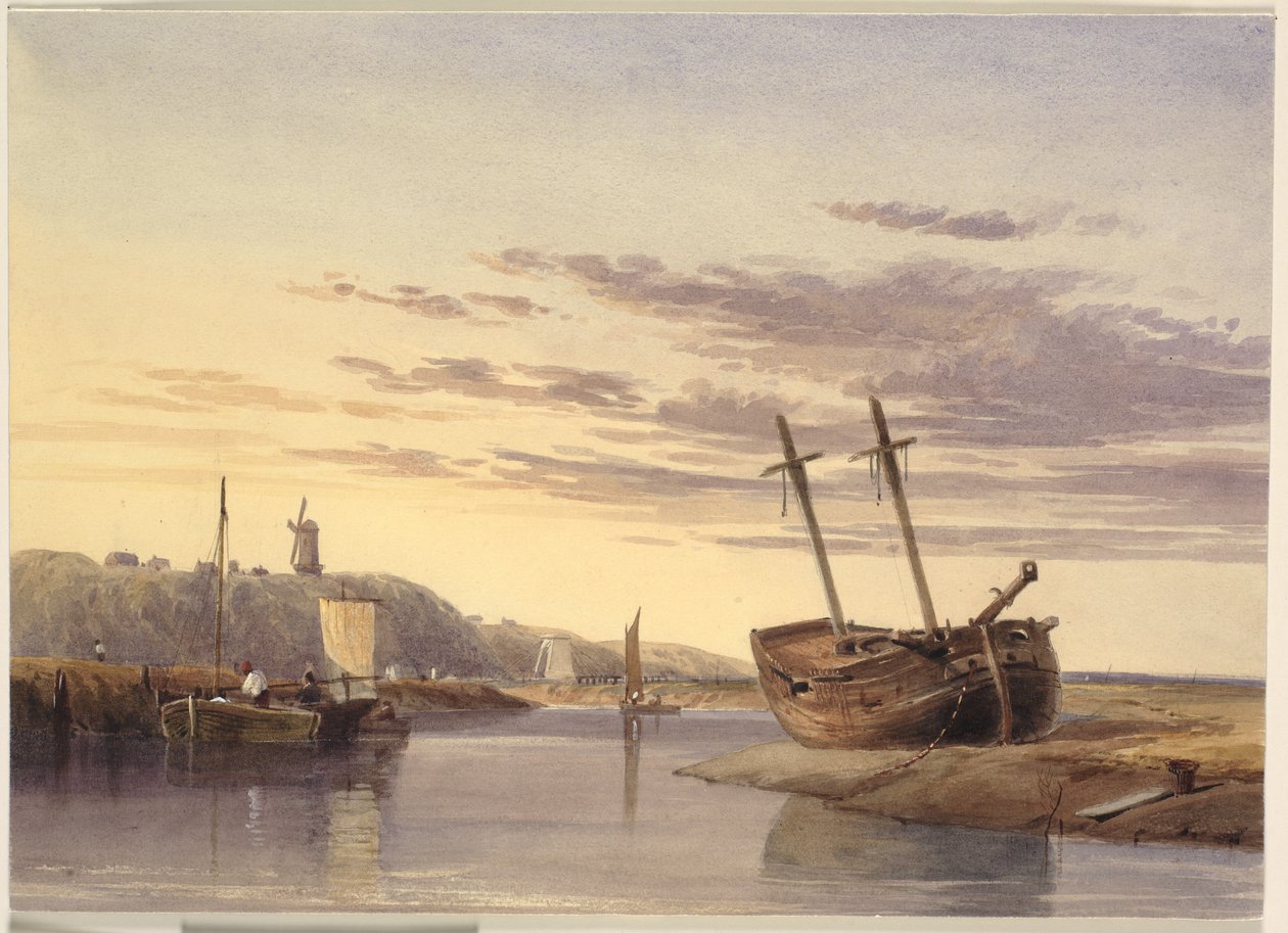 Fiskebåtar i Rye Harbour, med en väderkvarn i fjärran av Charles Bentley