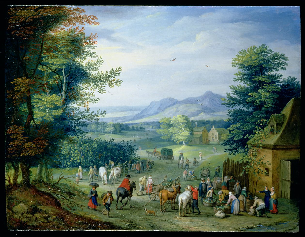 Druvskörden, figurer i ett landskap på landsbygden av Charles Beschey