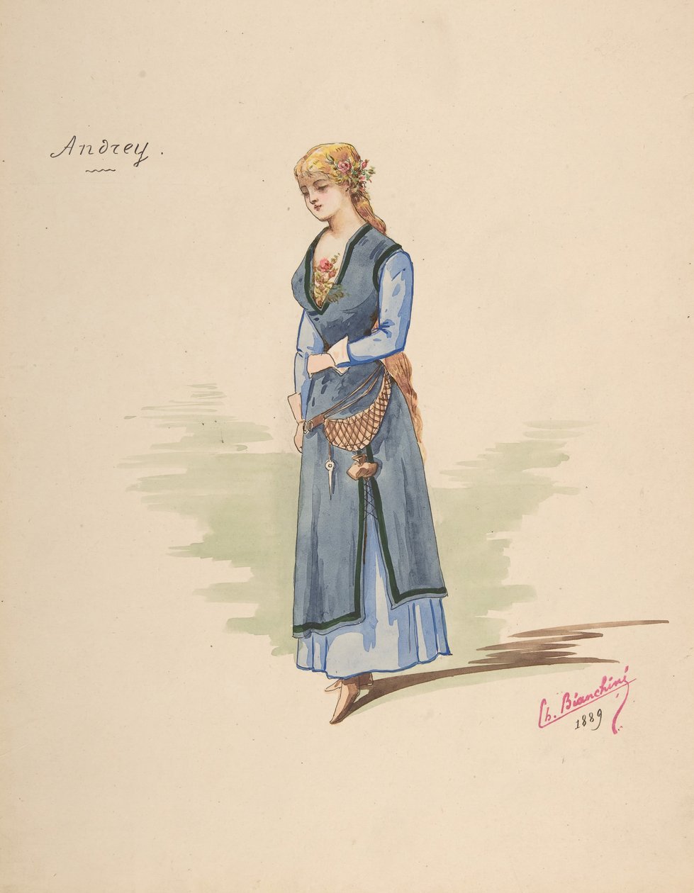 Kostymdesign för Andrey [a], Beskrivande ark med tillbehör [b], 1889. av Charles Bianchini