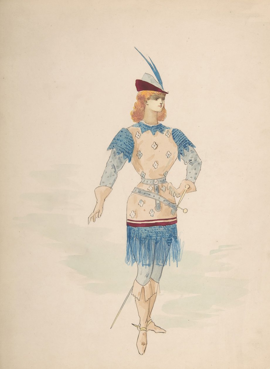 Kostymdesign för en kavaljer i blått och vinröd med fjädermössa och svärd, n.d.. av Charles Bianchini