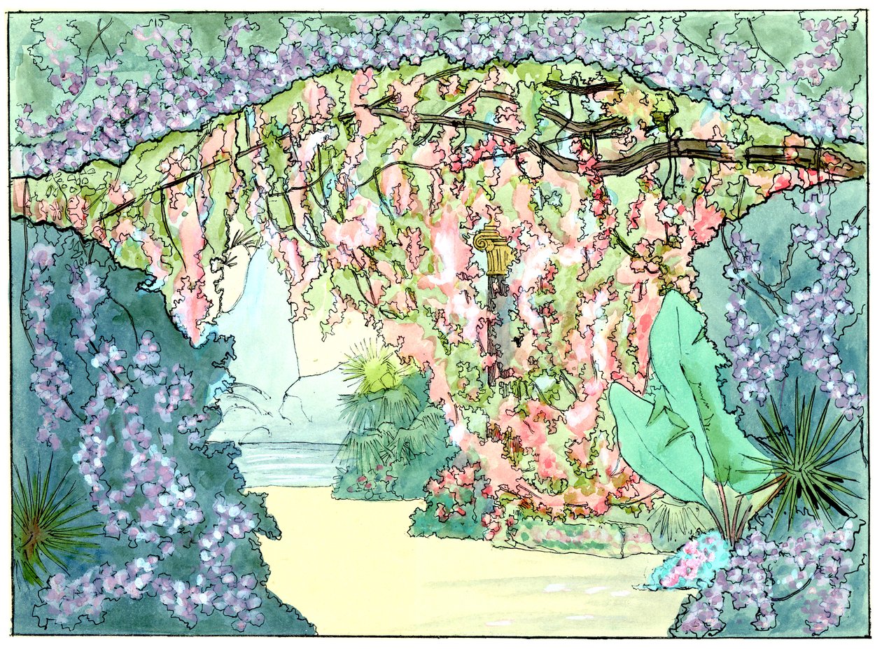 Massenet - Esclarmonde - Scenografi av Charles Bianchini - Akt 2, scen 1, rosettridån går ner - teckning av G. Stein, 1889 (b) av Charles Bianchini