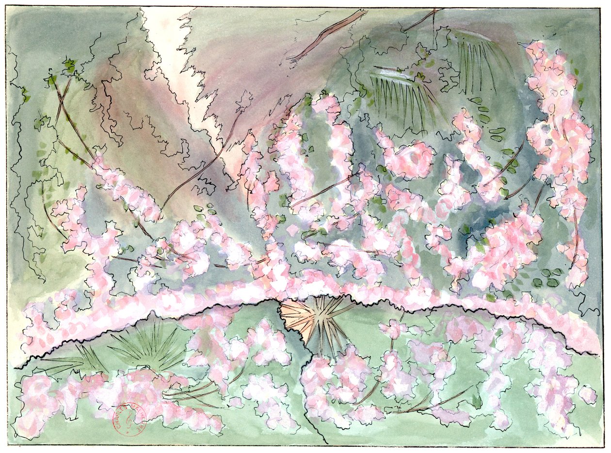 Massenet - Esclarmonde - Scenografi av Charles Bianchini - Akt 2, scen 1, rosettridån går ner - teckning av G. Stein, 1889 (c) av Charles Bianchini