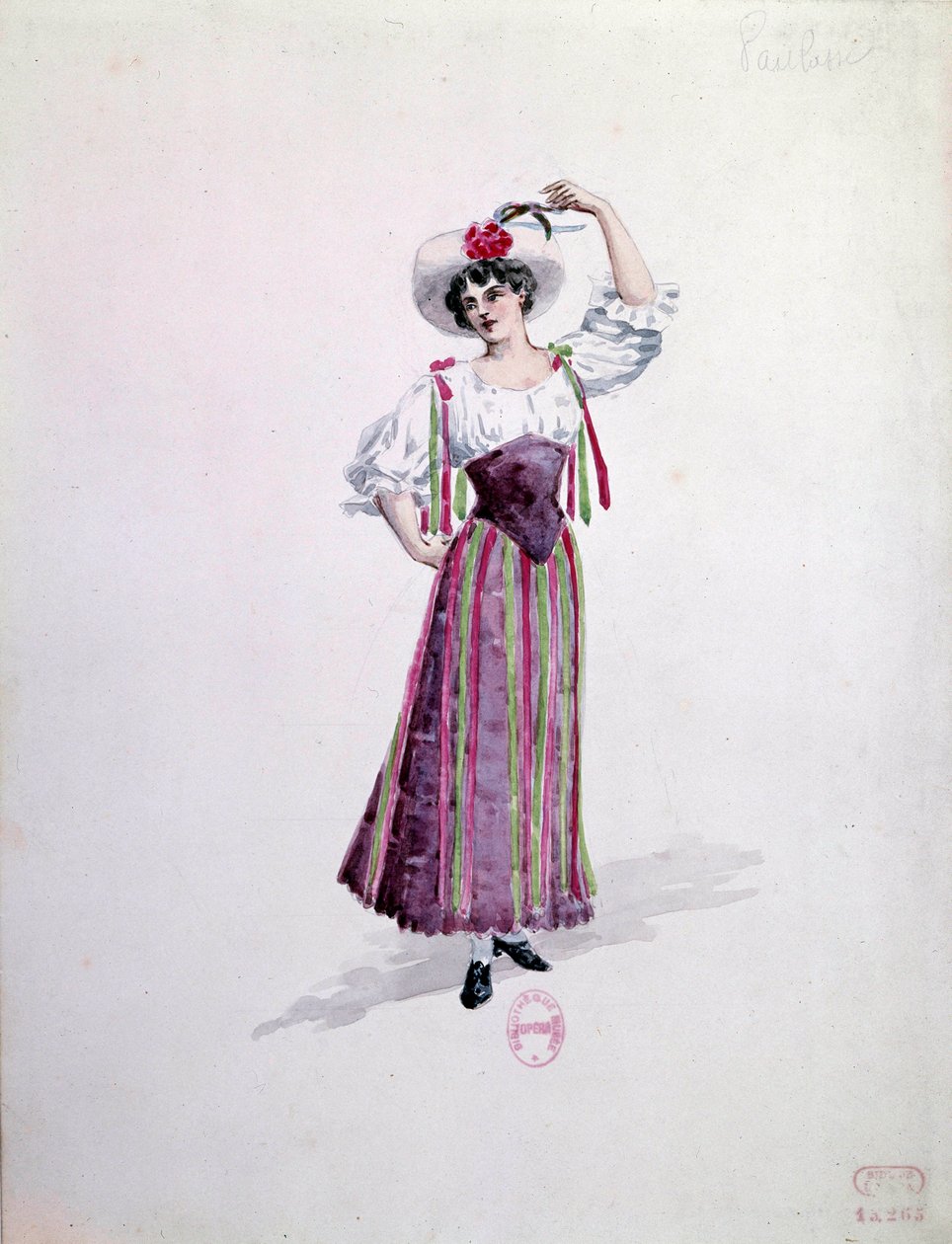 Ung kvinnas kostym (Nedda eller Colombine?) för operan "" Paillasse"" (de pagliacci, clowner) av Ruggero Leoncavallo (1857-1919) från 1892. Akvarell av Charles Bianchini (1860-1905) av Charles Bianchini