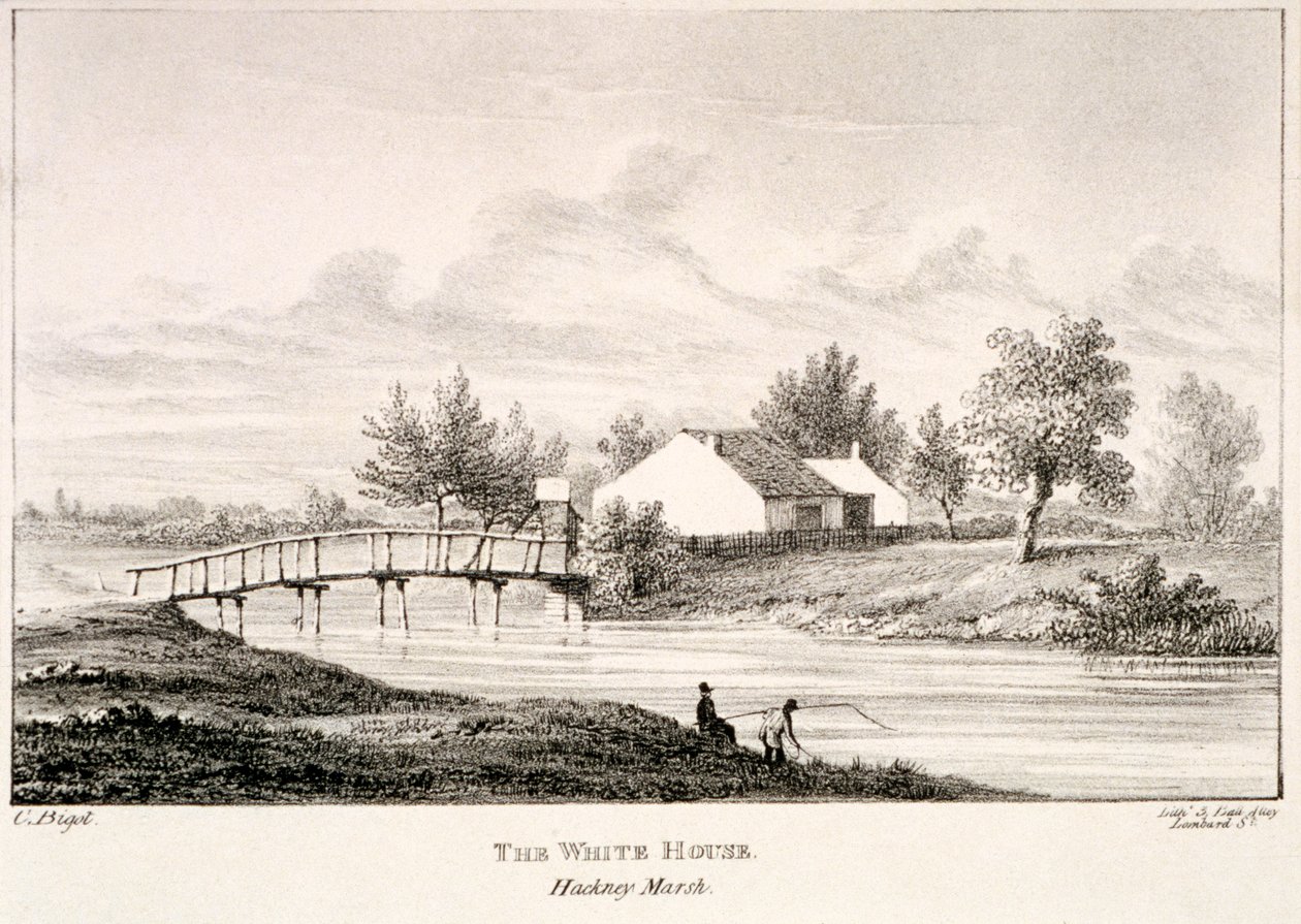 Vita huset på stranden av floden Lea, Hackney Marsh, London, c1830 av Charles Bigot