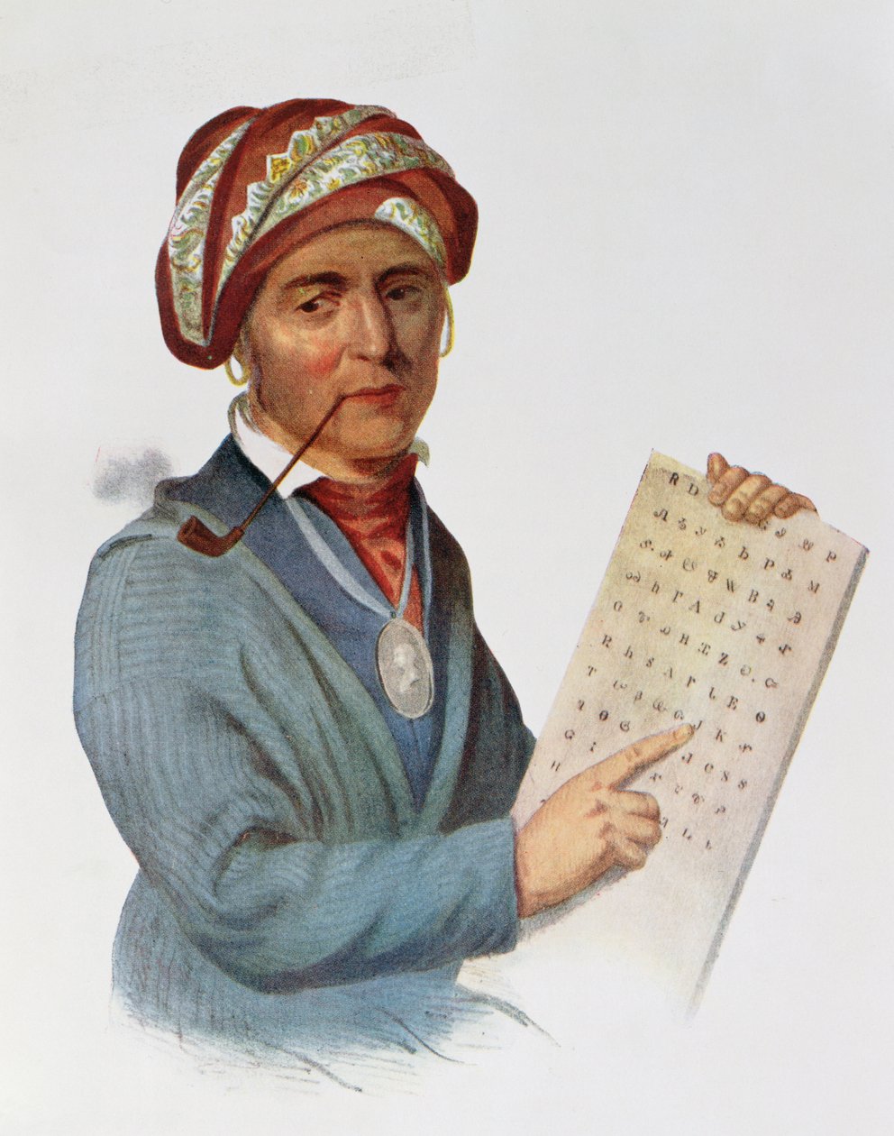 Se-quo-yah eller George Guess, 1828, illustration från "The Indian Tribes of North America, Vol.1", av Thomas L. McKenney och James Hall, pub. av John Grant av Charles Bird King