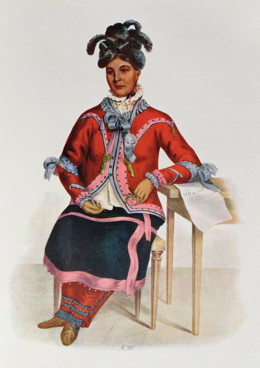 Tshusik, en Chippeway Woman, 1827, illustration från "The Indian Tribes of North America, Vol.1", av Thomas L. McKenney och James Hall, pub. av John Grant av Charles Bird King