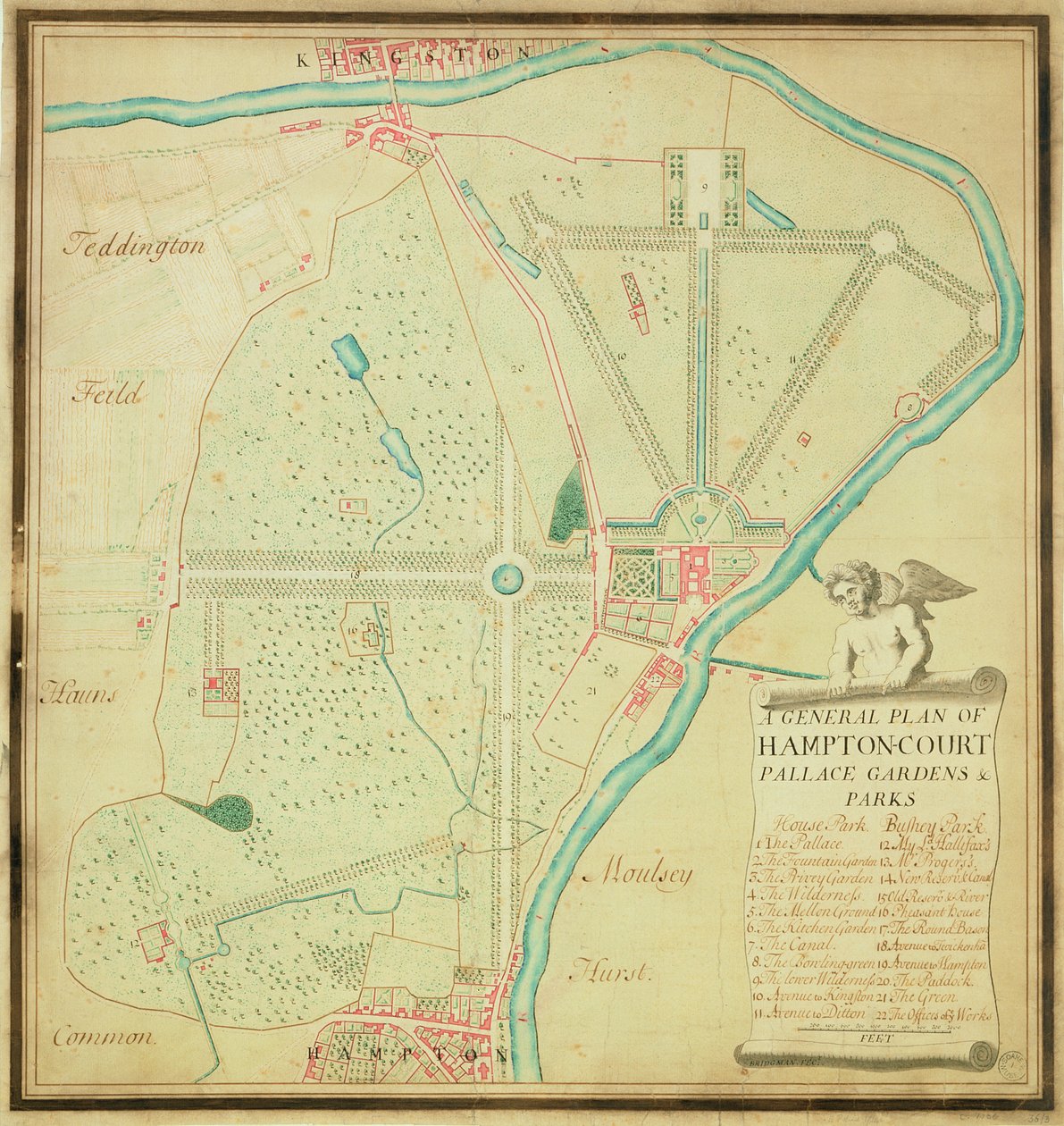 En allmän plan över Hampton Court Palace trädgårdar och parker, ca 1713 (penna, bläck och wc på papper) av Charles Bridgeman