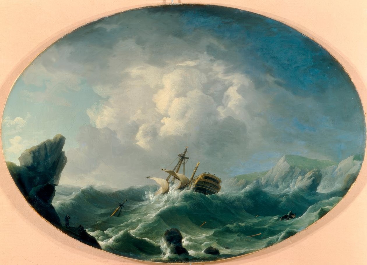 En brittisk krigsman i grov sjö utanför en klippig kust av Charles Brooking