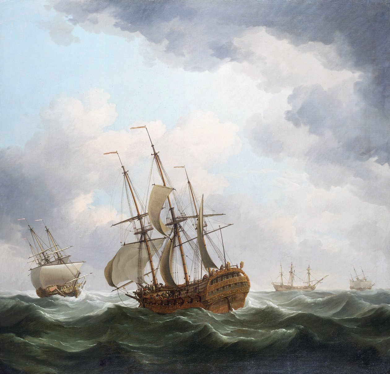 Ett brittiskt handelsfartyg från Ostindiska kompaniet, fångat i en stormvind. Olja på duk av Charles Brooking