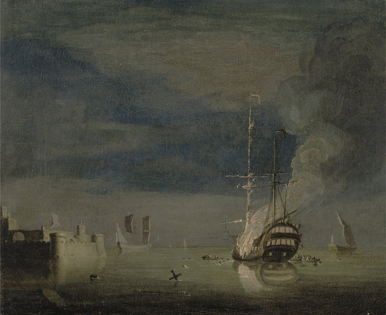 A Two-Decker on Fire at Night off a Fort, c.1740 (olja på duk) av Charles Brooking