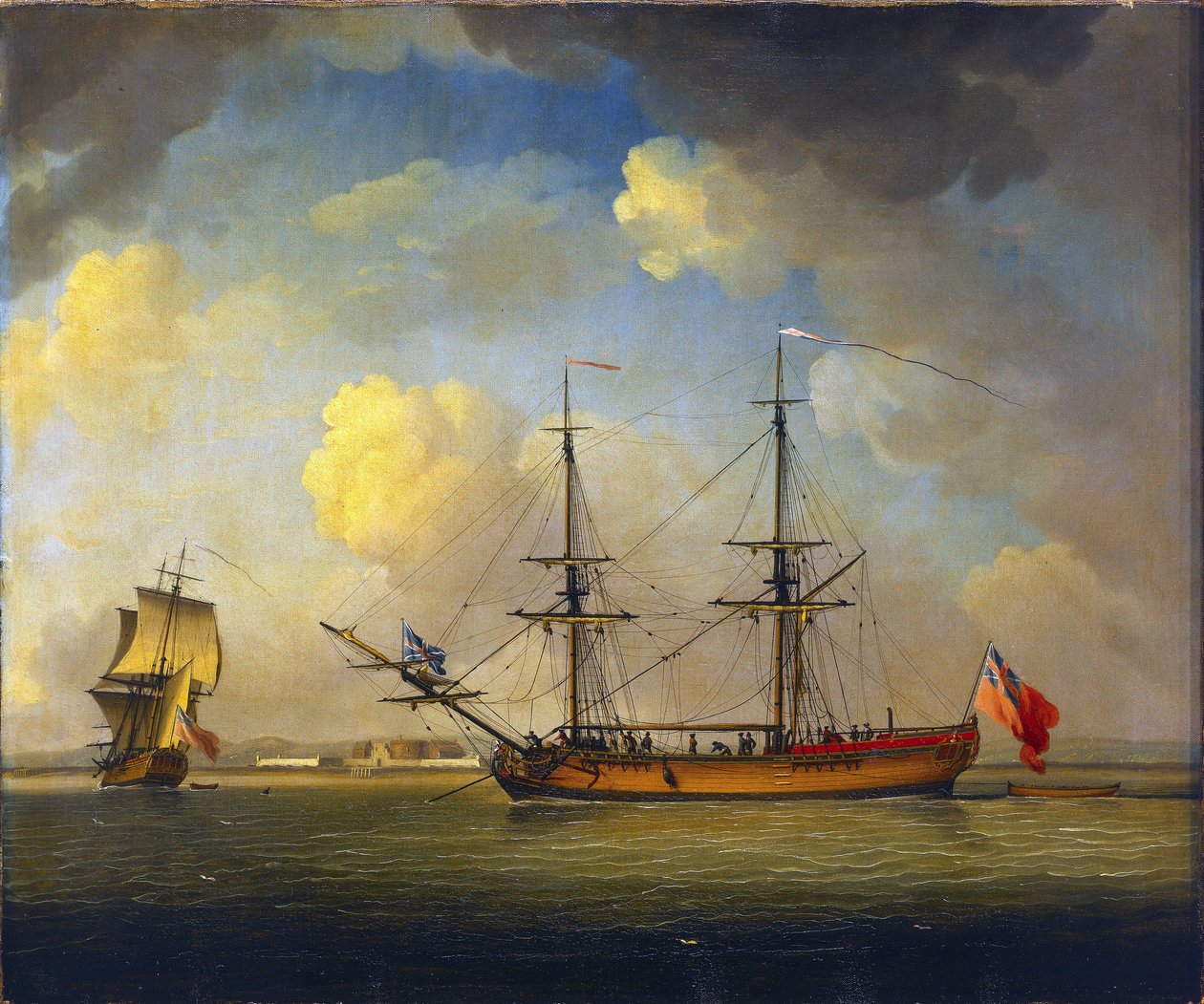Fartyget "Naval Snow", ett brittiskt fartyg med två master som användes för att transportera förnödenheter till Royal Navy, i horisonten, Fort Tilbury, vid Themsen, England av Charles Brooking