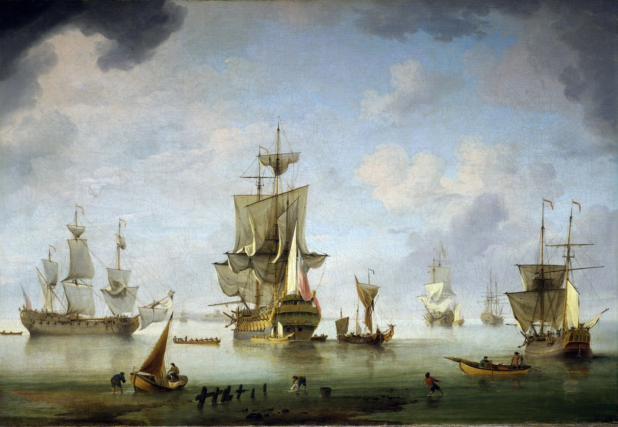 Ankarplats i Solent, ett havsområde mellan Isle of Wight och England. Olja på duk av Charles Brooking