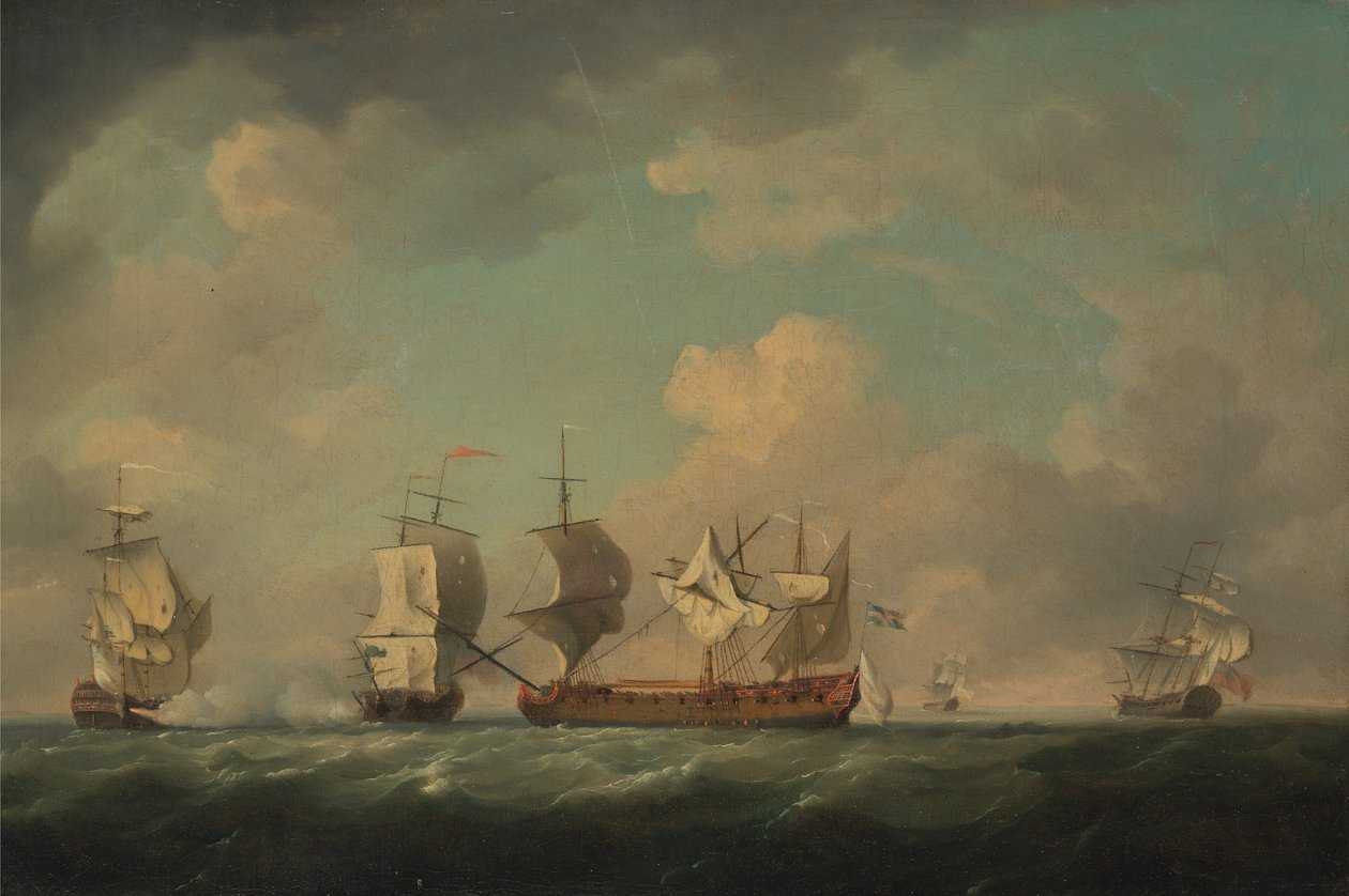 Erövring av de franska skattskeppen Marquis dAntin och Louis Erasmé, mellan 1745 och 1755 av Charles Brooking