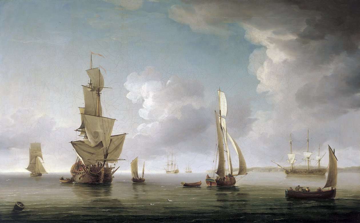 Sjöfart i Themsens mynning (England), stor variation av båtar och beskrivning av den engelska kusten. Olja på duk av Charles Brooking