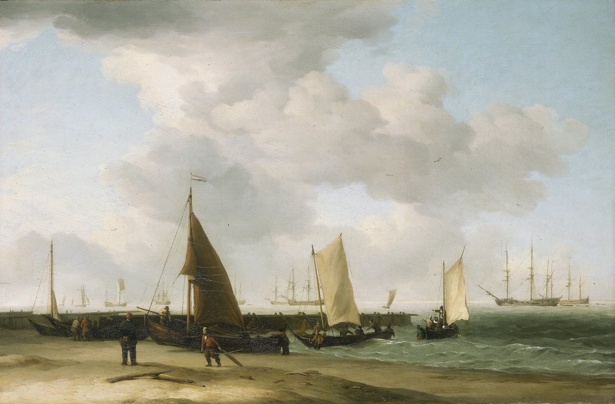Scen på stranden med en krigsbyggnad i horisonten. Olja på duk av Charles Brooking