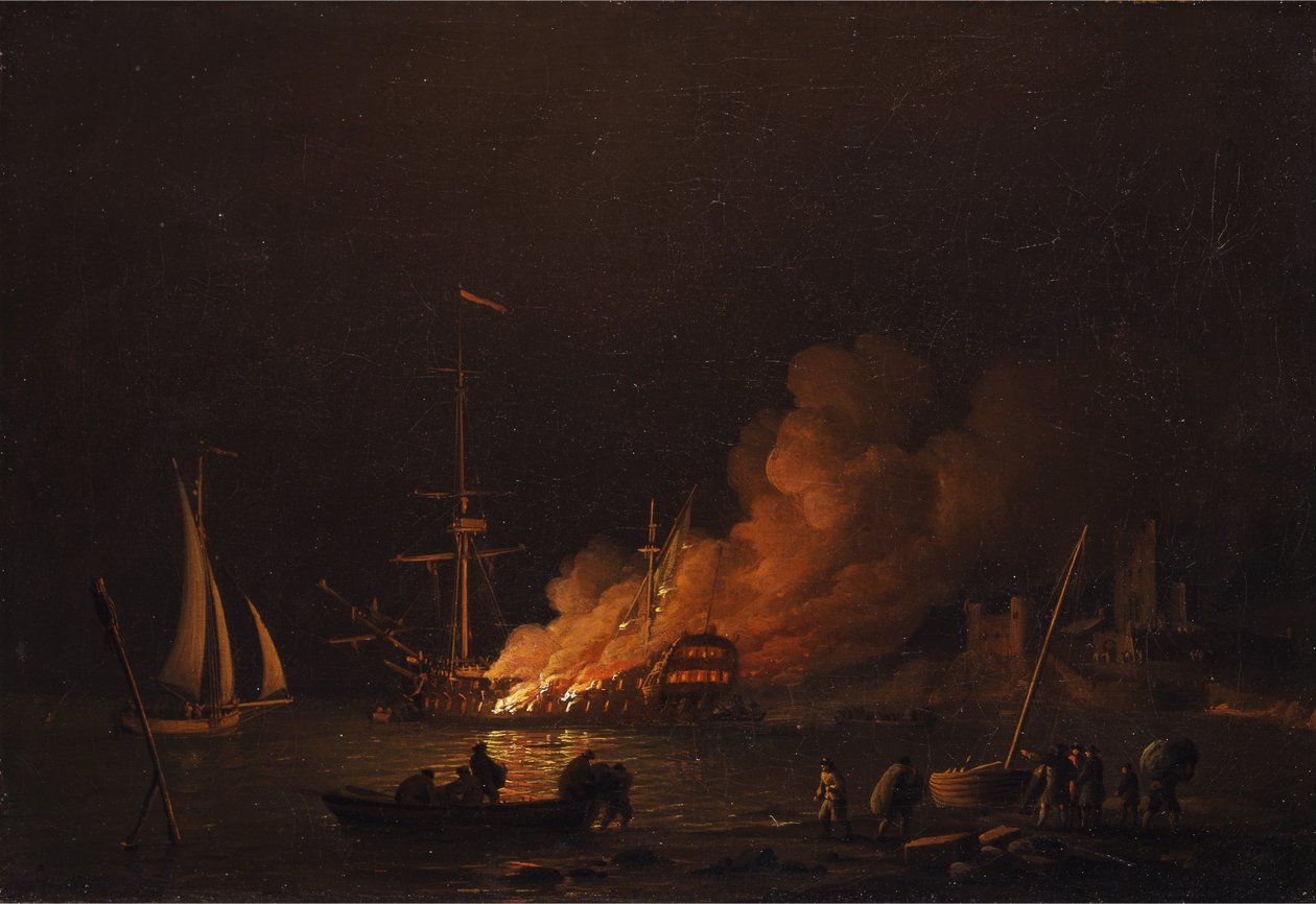 Fartyg i brand på natten av Charles Brooking