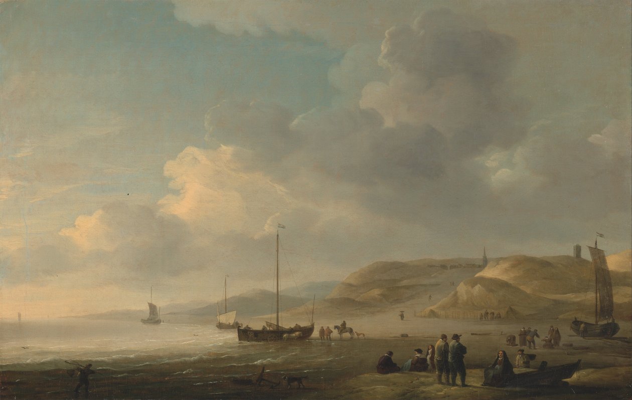 Kusten nära Scheveningen med fiskepinnar på stranden av Charles Brooking