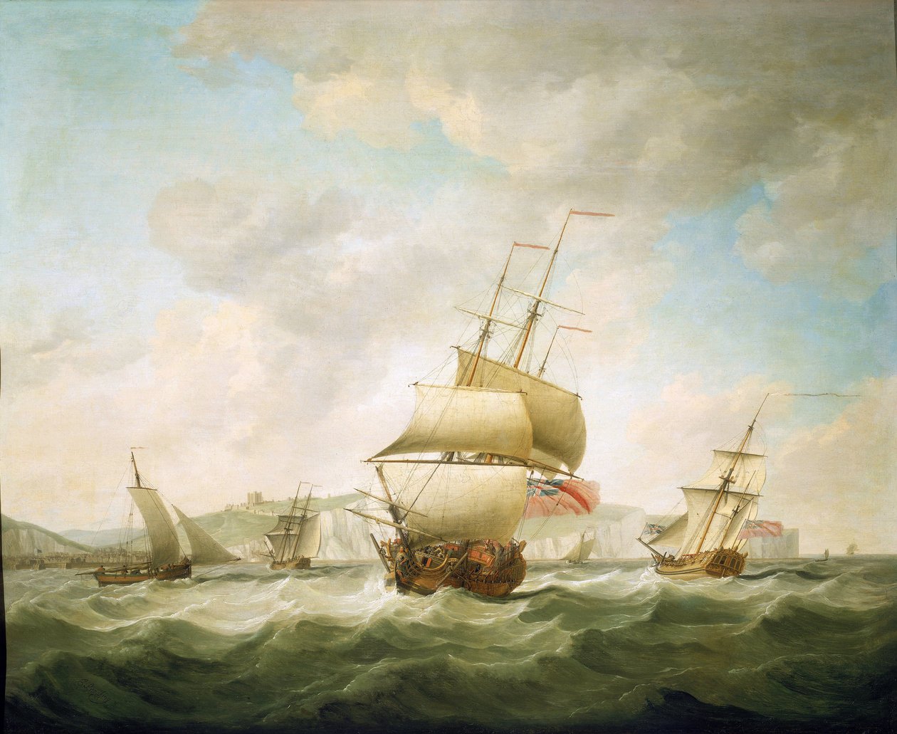 Handelsfartyg och en kunglig yacht i motvind utanför Dovers kust (England). Olja på duk, omkring 1750, av Charles Brooking (1723-1759). av Charles Brooking